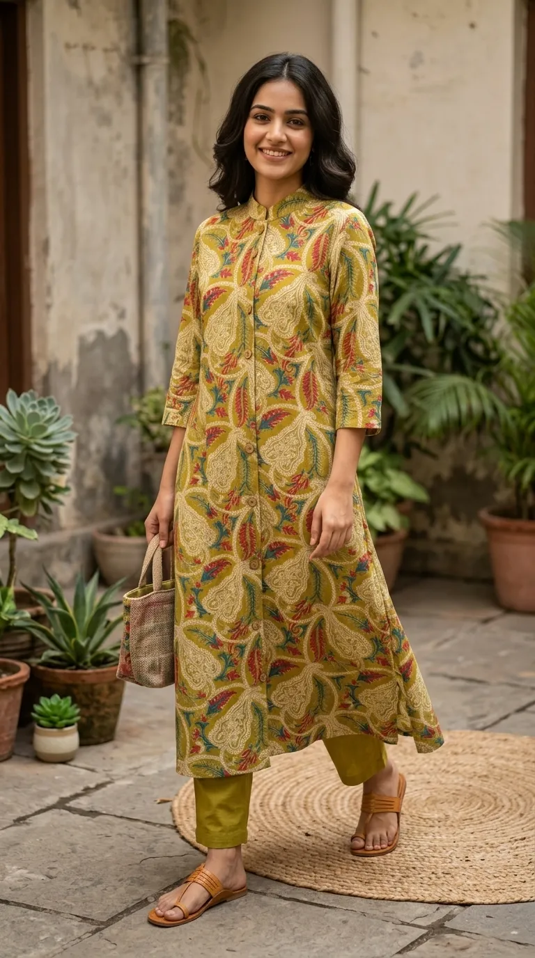 Olive Green Floral Straight Kurta Set